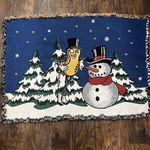 Rare Mr Peanut Throw Blanket Planters Christmas Snowman Woven Tapestry 46 X 34